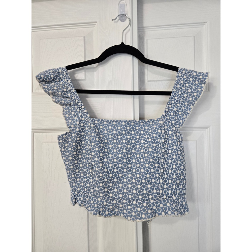 Kirious LA Blue White Floral Eyelet Ruffle Tie Back Crop Top Small